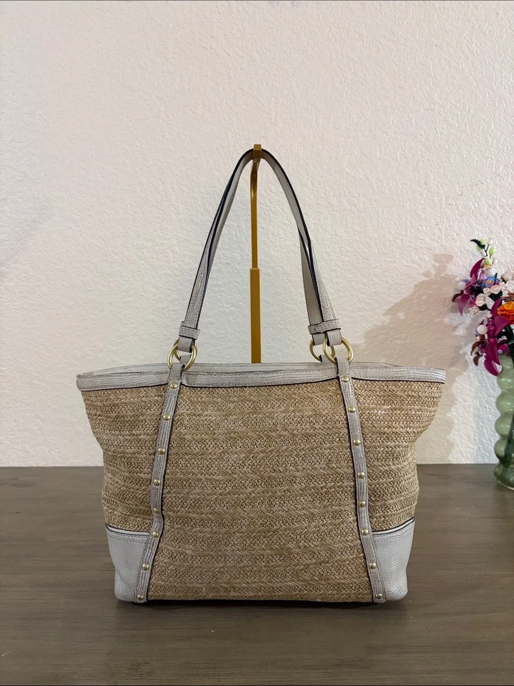 COACH ALEXANDRA PYTHON STRAW TOTE BAG F21959 CREAM/TAN